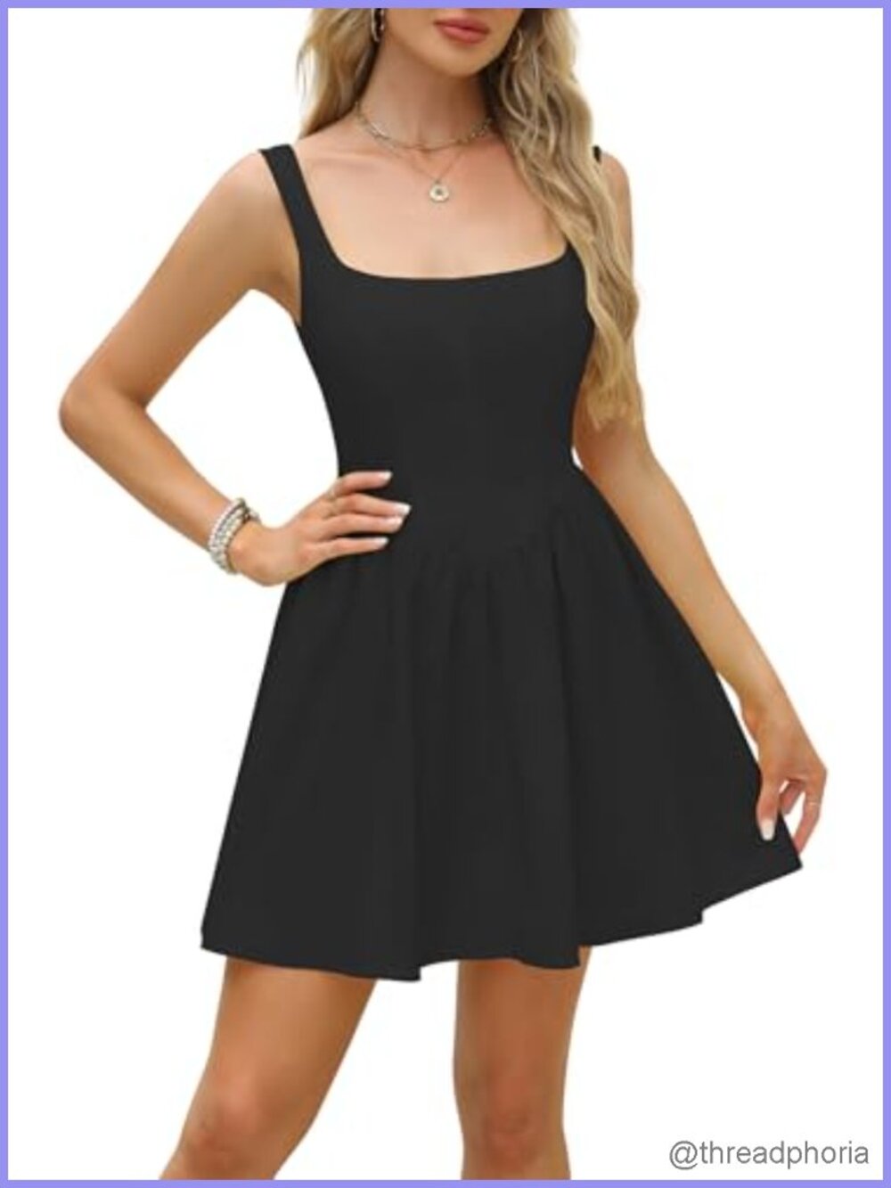 Women's Square Neck Pleated A-Line Mini Dress, Sleeveless Cotton, Smocked Back